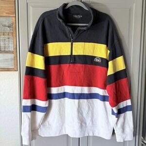 Nautica Mens Limited Edition Striped Quarter-zip Sweatshirt, Navy Yellow Red,XL